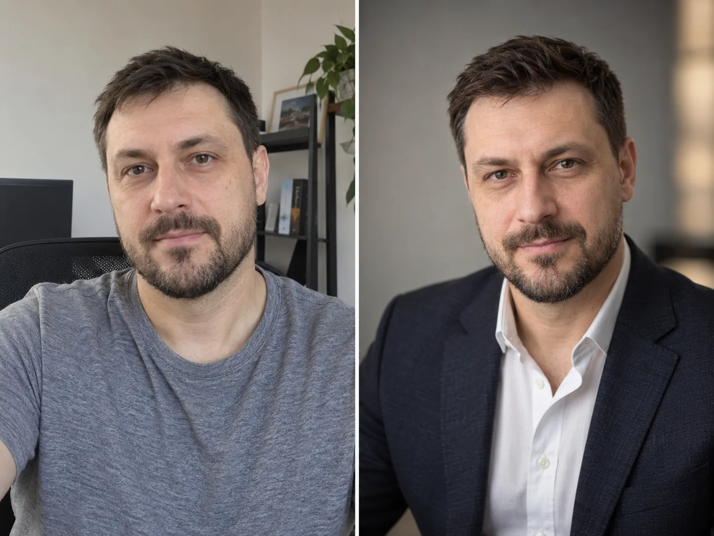 Сравнение до и после нейрофотосессии: обычный и профессиональный мужской портрет с сохранением сходства