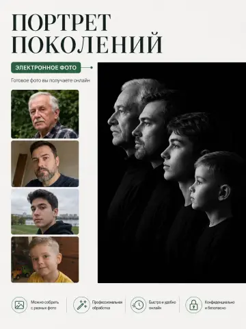 Портрет поколений из четырёх мужчин — прадед, дед, отец и сын
