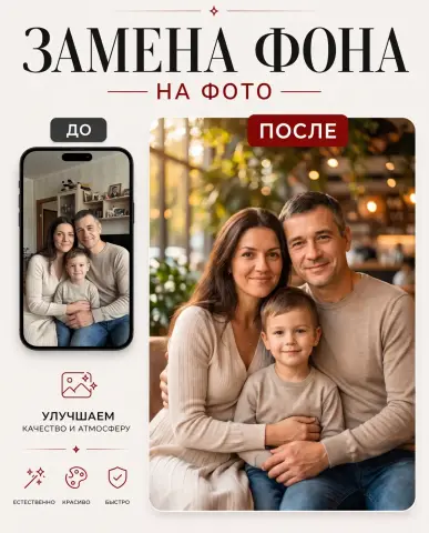 Семейный портрет из фото — замена фона, ретушь, печать на холсте