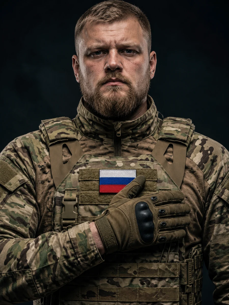 Портрет русского солдата с флагом на груди