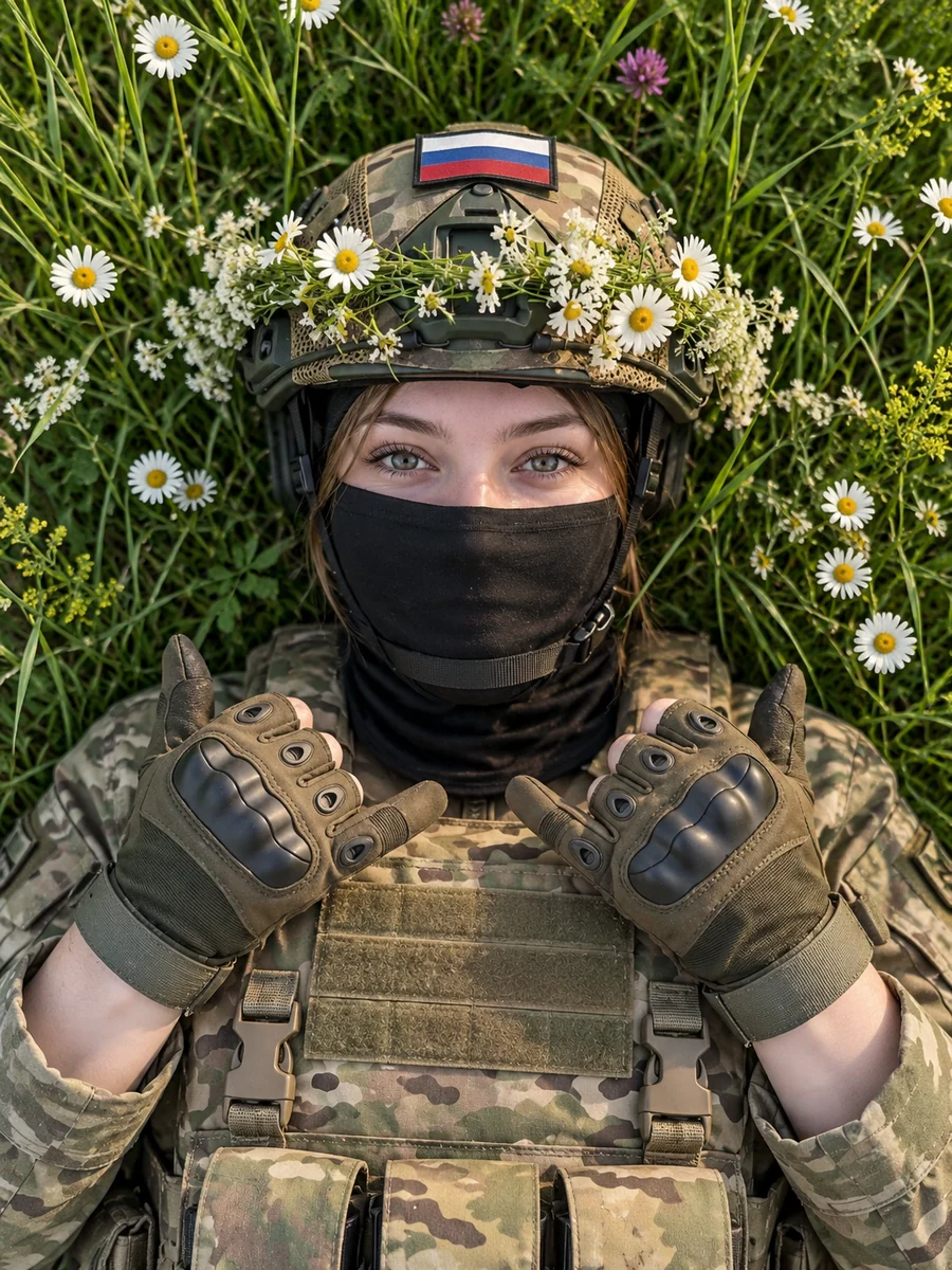Девушка военнослужащая в мультикаме с полевыми цветами