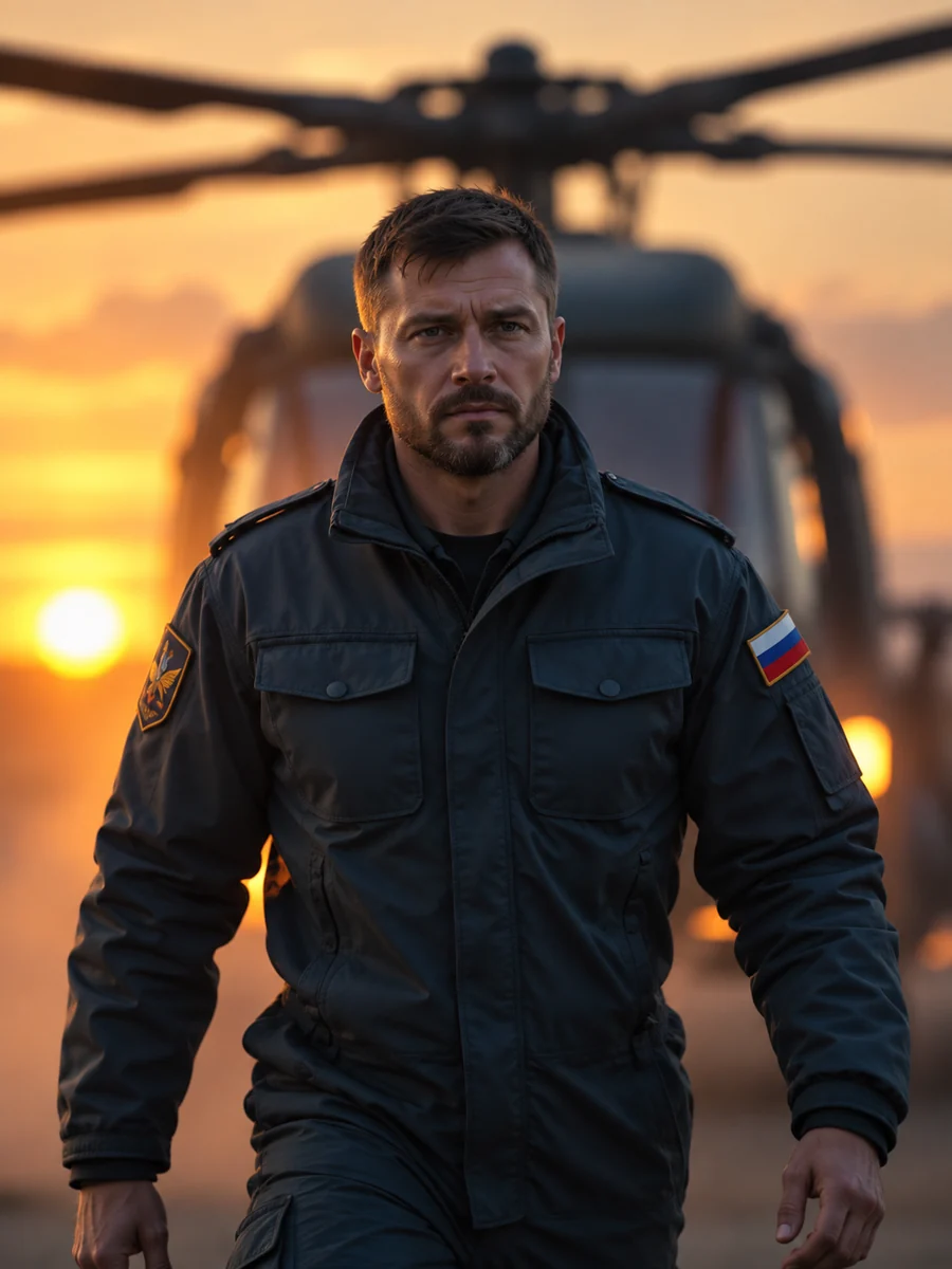 Российский военный лётчик на фоне вертолёта