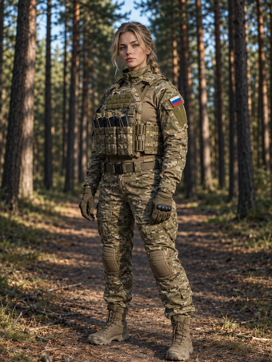 Девушка военнослужащая в сосновом лесу
