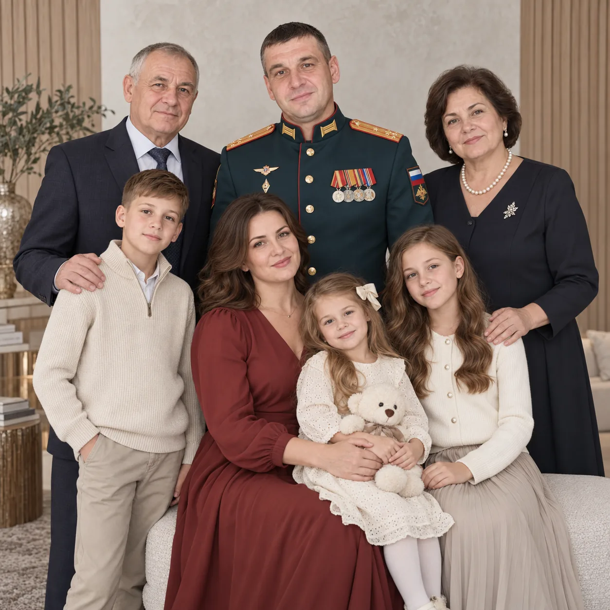 Большой военный семейный портрет на семь человек