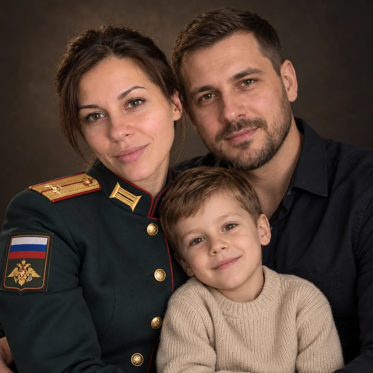 Студийный портрет военнослужащей с мужем и сыном